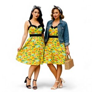 Banned Retro Camper Van Print Pinup Swing Dress Yellow Rockabilly 50s Style XS